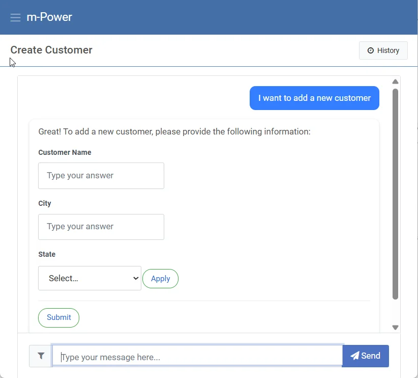 m-Power assistant asking for customer name, city, and state after a user says they want to add a new customer, with a Submit button