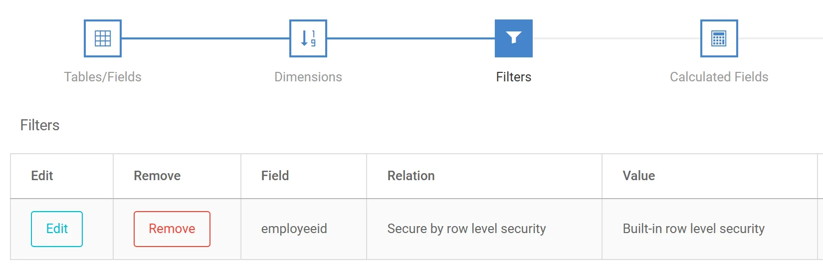 The Filters step of an application's data model with one row-level security filter on employeeid