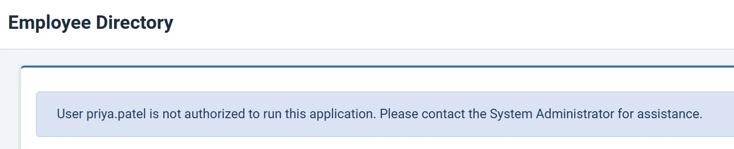 Priya opening the HR-only Employee Directory and getting a not-authorized message