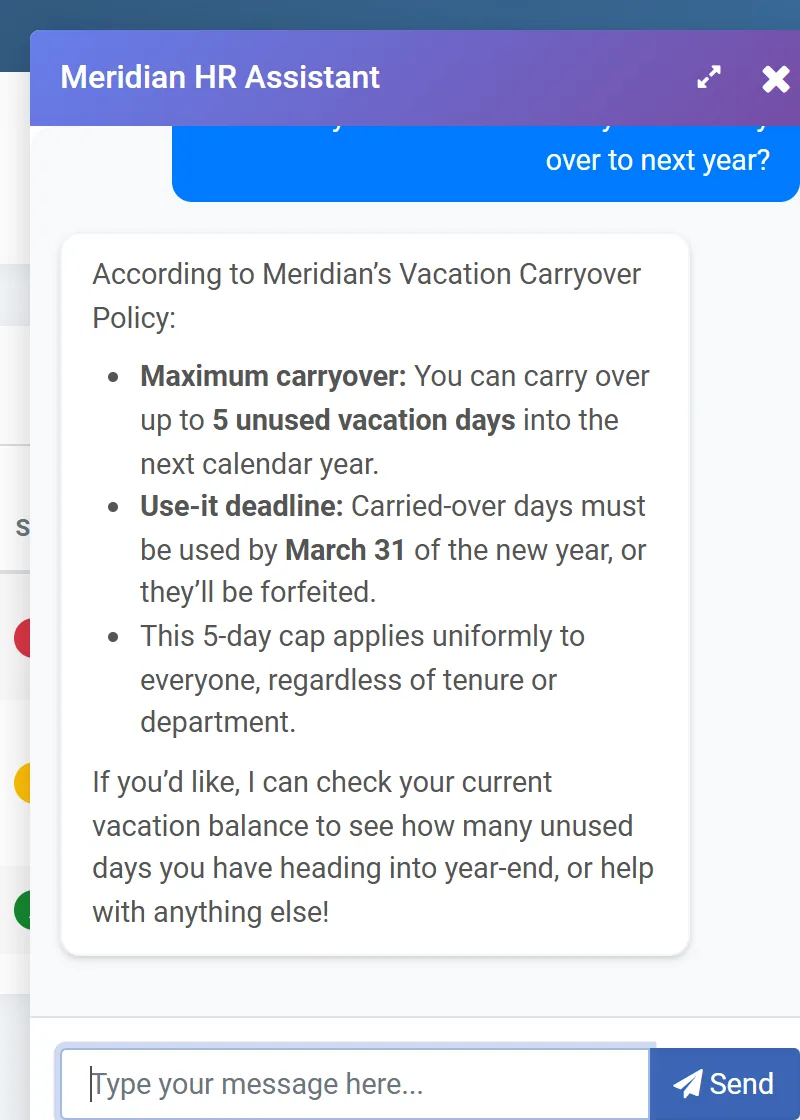 The HR Assistant answering a question about vacation carryover from the policy documents