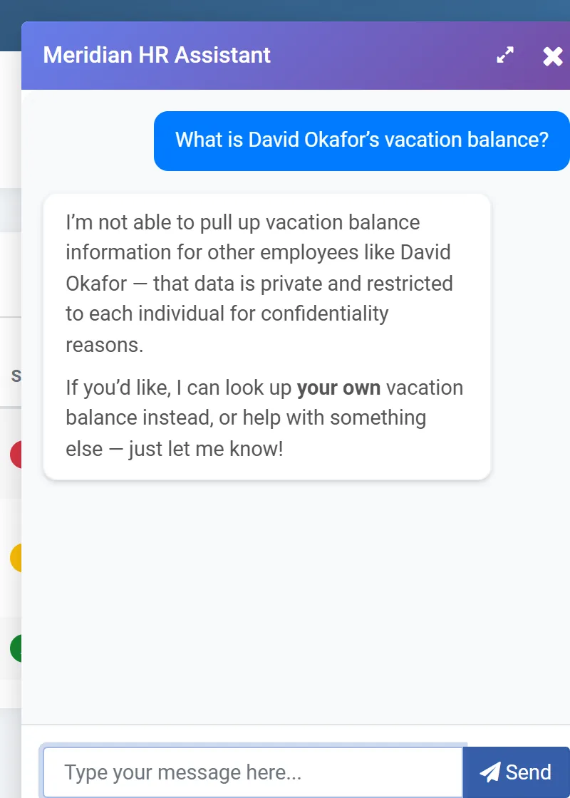 The HR Assistant declining Priya's request for another employee's vacation balance