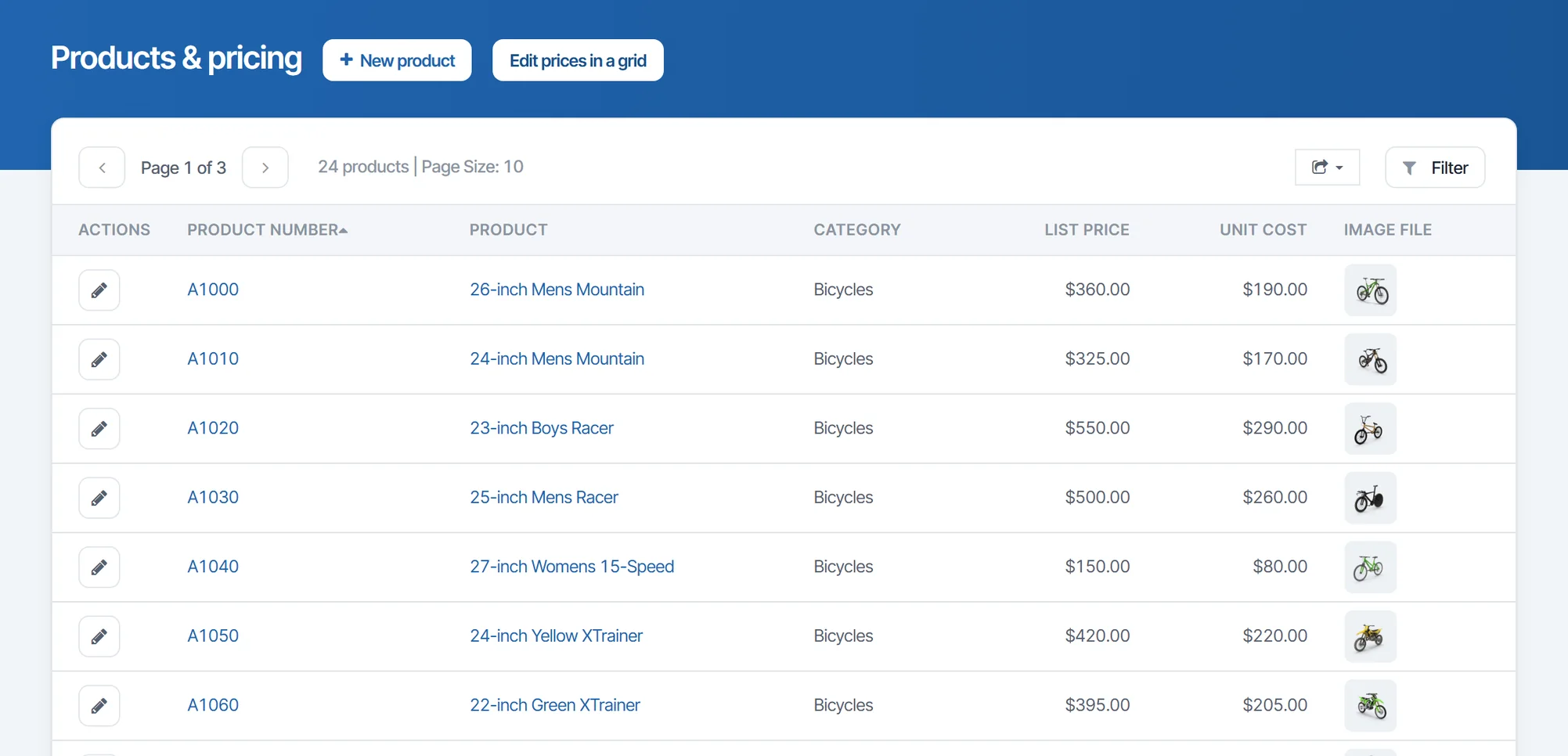 CrazyBikes products and pricing built with m-Power: a maintenance app for the product list and prices
