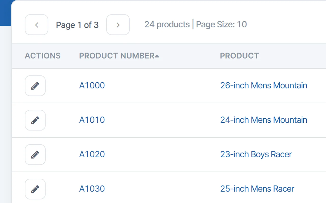 CrazyBikes product list built with m-Power, with an edit button on every row