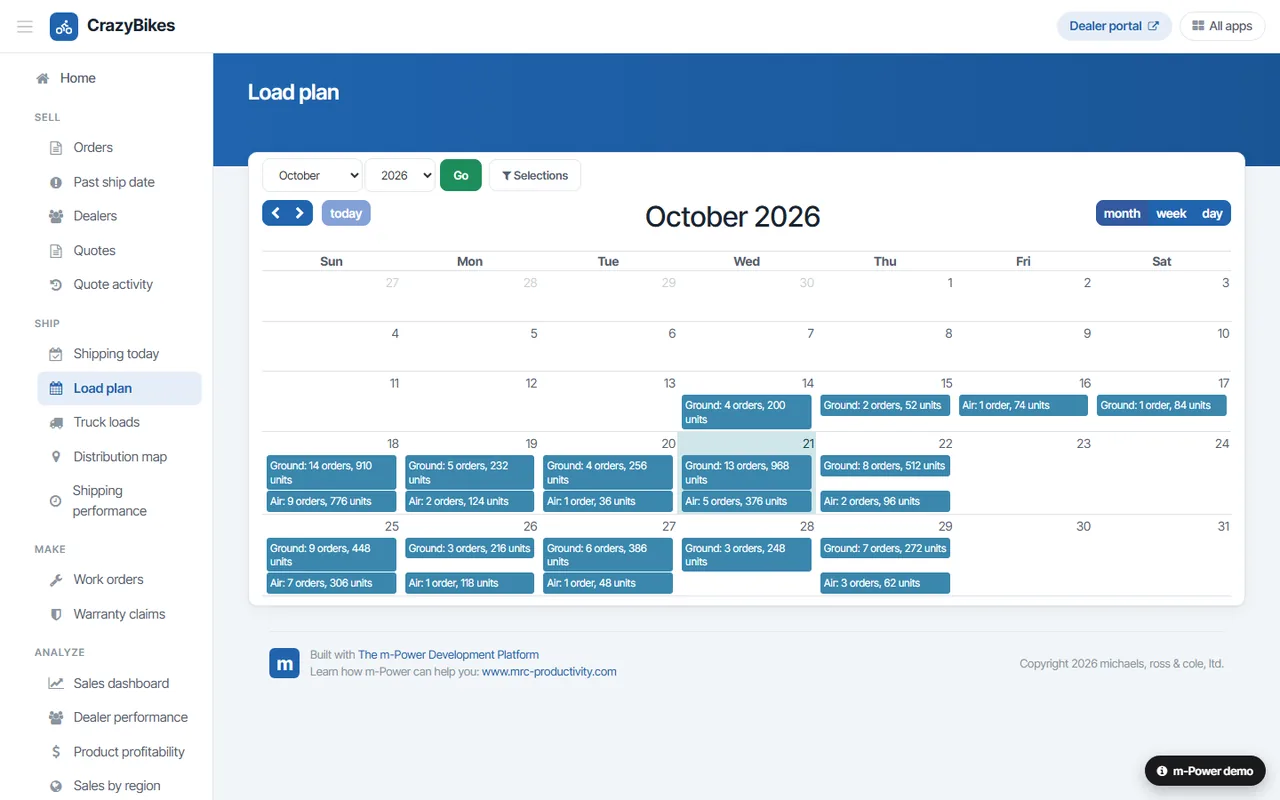 CrazyBikes load plan built with m-Power: a calendar of truck loads by day