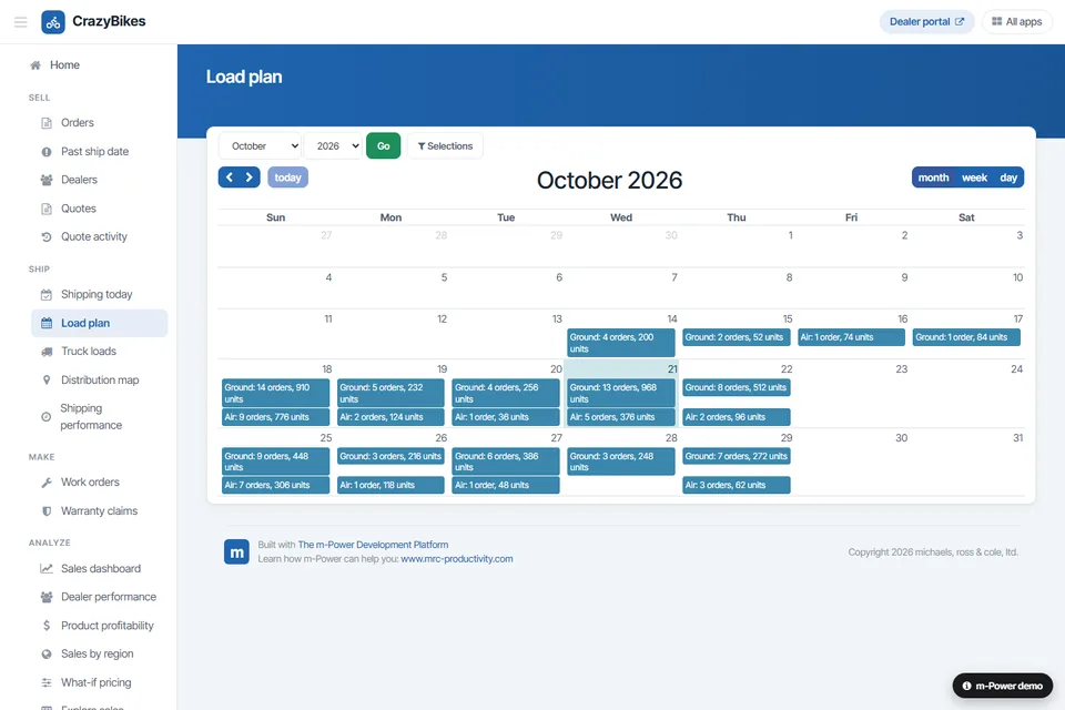 CrazyBikes load plan built with m-Power: a calendar of truck loads by day