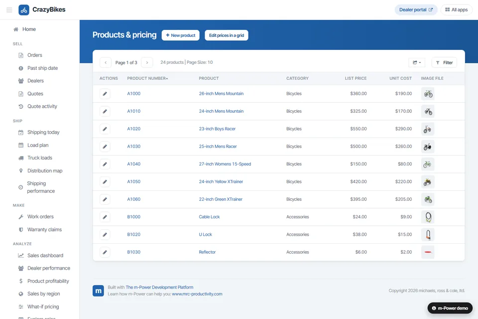 CrazyBikes products and pricing built with m-Power: a maintenance app for the product list and prices