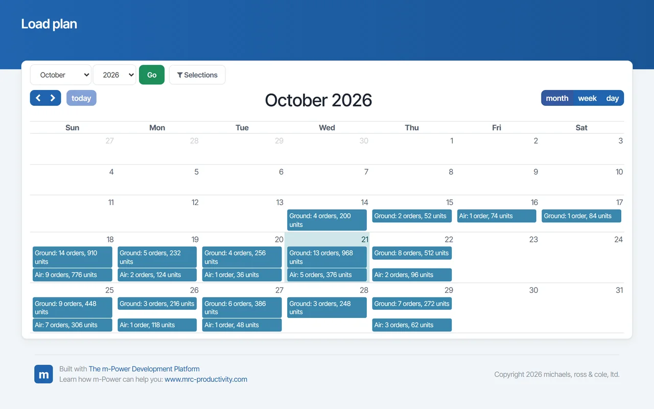 CrazyBikes load plan built with m-Power: a calendar of truck loads by day