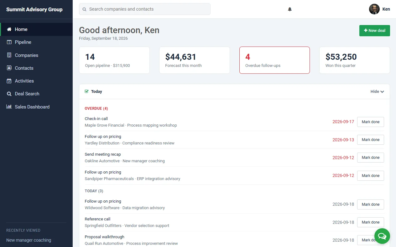 Custom CRM demo built with m-Power: a sales rep home page with pipeline totals and overdue follow-ups