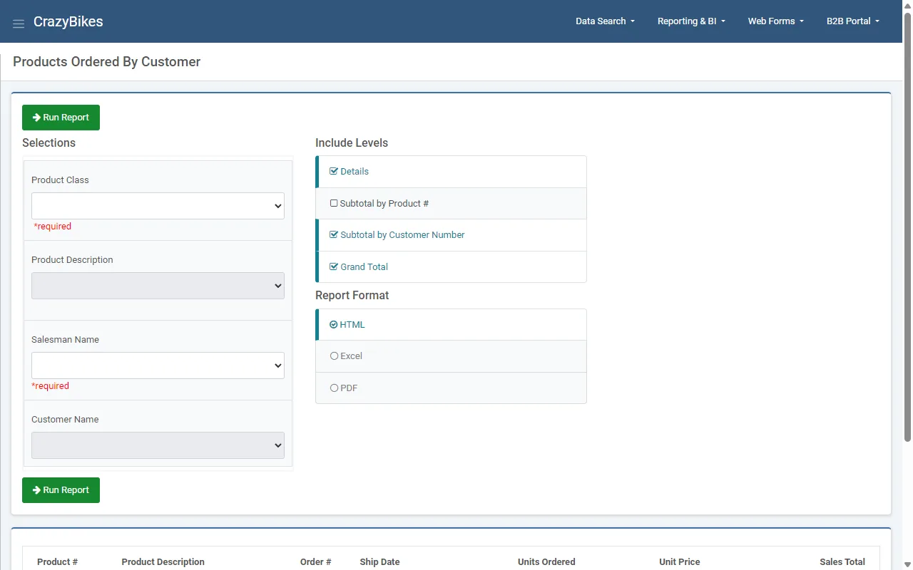 Self-service ad-hoc report builder with user-selected filters