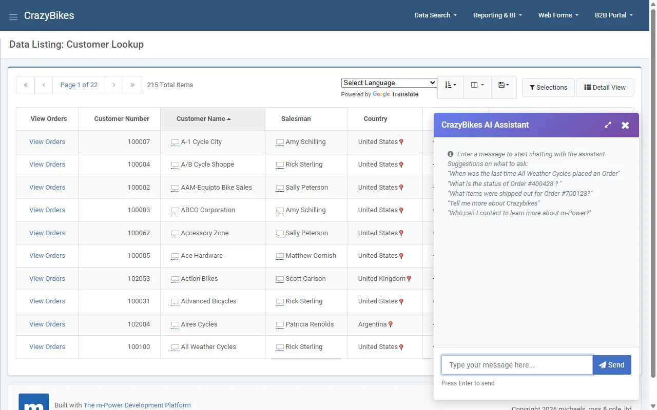 Record lookup with an embedded AI assistant built with m-Power