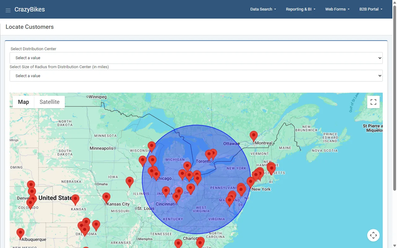 Distribution map showing customers within a radius of a distribution center built with m-Power