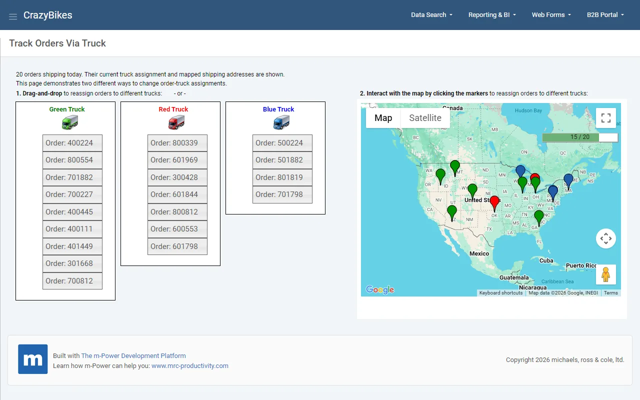 Logistical routing app with drag-and-drop truck assignment and a live map built with m-Power