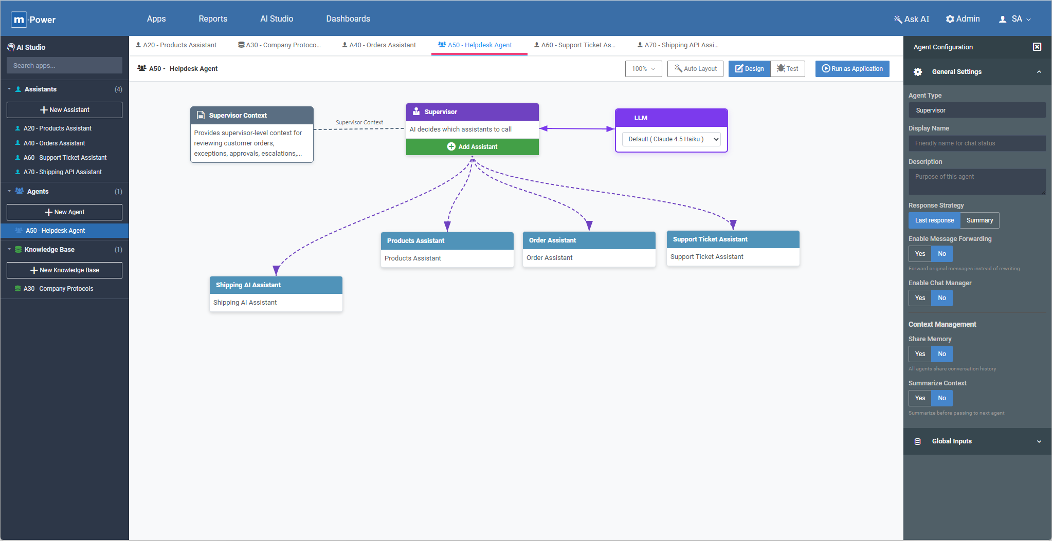 m-Power Visual AI Agent Builder canvas