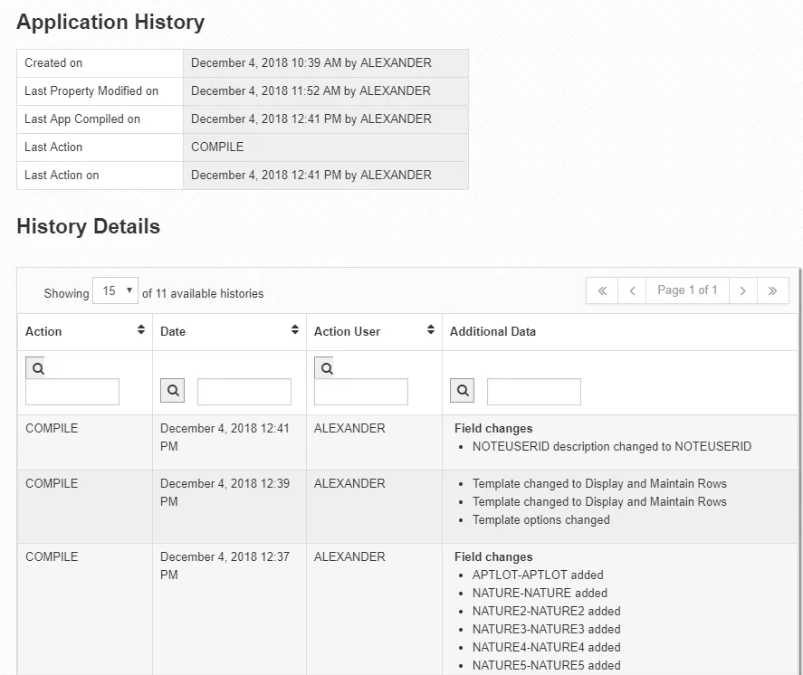 m-Power application auditing features listing how an application was changed
