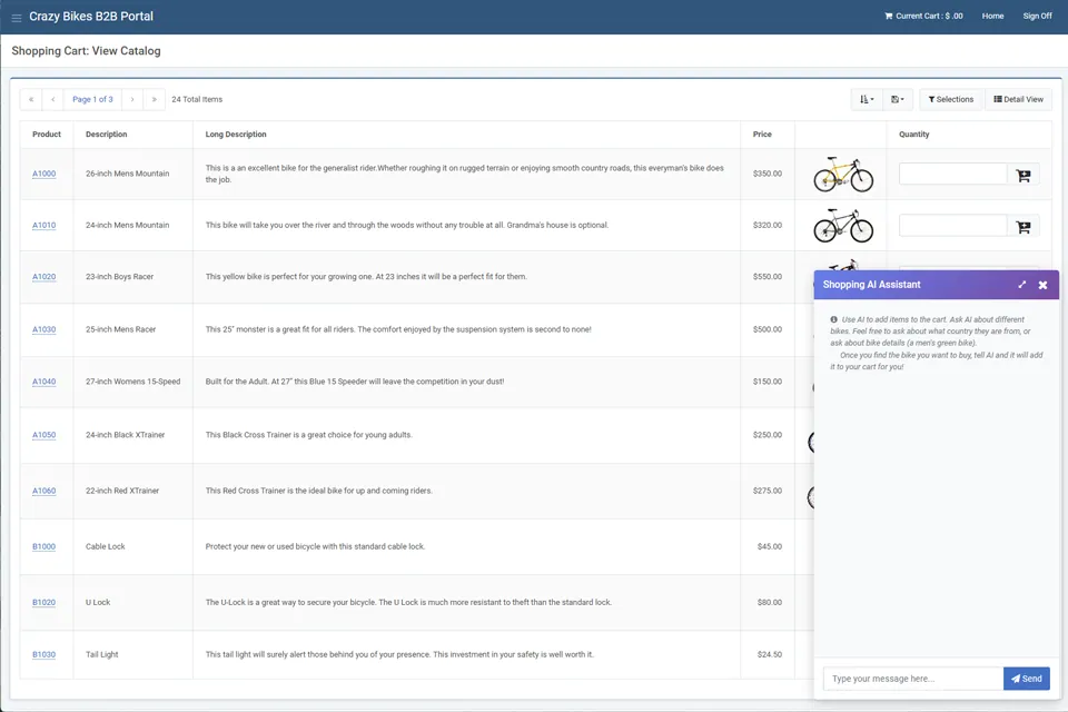 Real m-Power ordering portal demo: A product catalog with an assistant that can add items to the cart