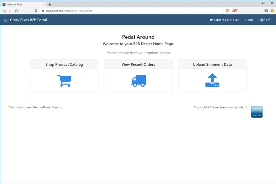 Real m-Power B2B dealer portal home page with product catalog, recent orders, and shipment upload options