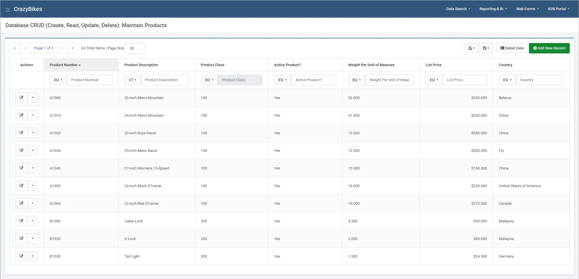 Real m-Power CRUD app: A searchable product list with inline filters, add, and edit