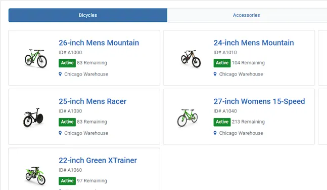 Real m-Power inventory app showing product cards with live stock counts and warehouse location