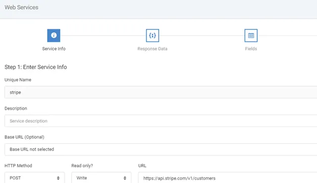 Real m-Power Web Services screen defining a REST API service with its method, URL, and response settings