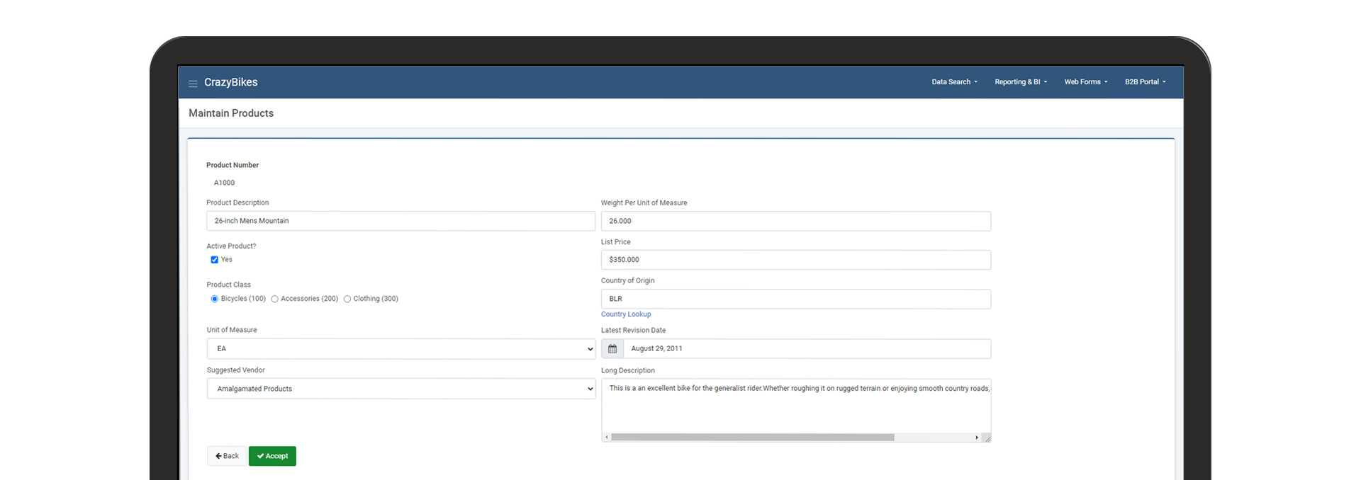 Real m-Power web form for maintaining product records, the kind of app an Access form becomes